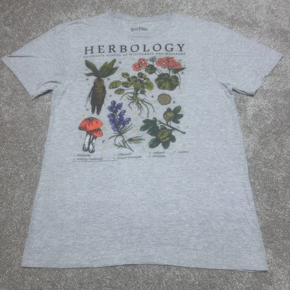 Harry Potter Mens M Herbology Graphic Tee Gray Hogwarts Wizarding World T-Shirt